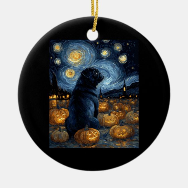 Black Pug dog of van gogh starry night halloween F Keramik Ornament (Vorne)