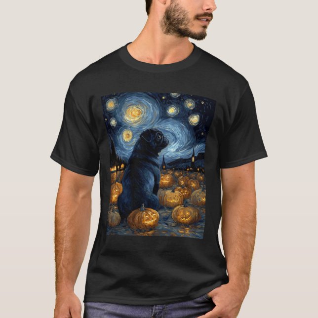 Black Pug dog of van gogh starry night halloween F T-Shirt (Vorderseite)