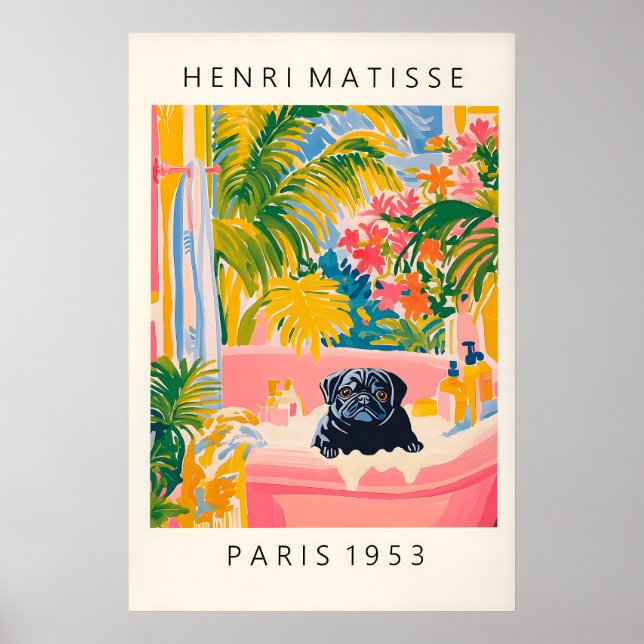 Black Pug in Bathtub Art Print Funny Dog Bathroom Poster (Vorne)