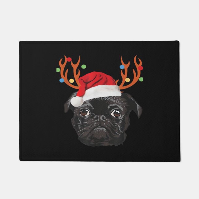 Black Pug Santa Christmas Reindeer Christmas Light Fußmatte (Vorderseite)