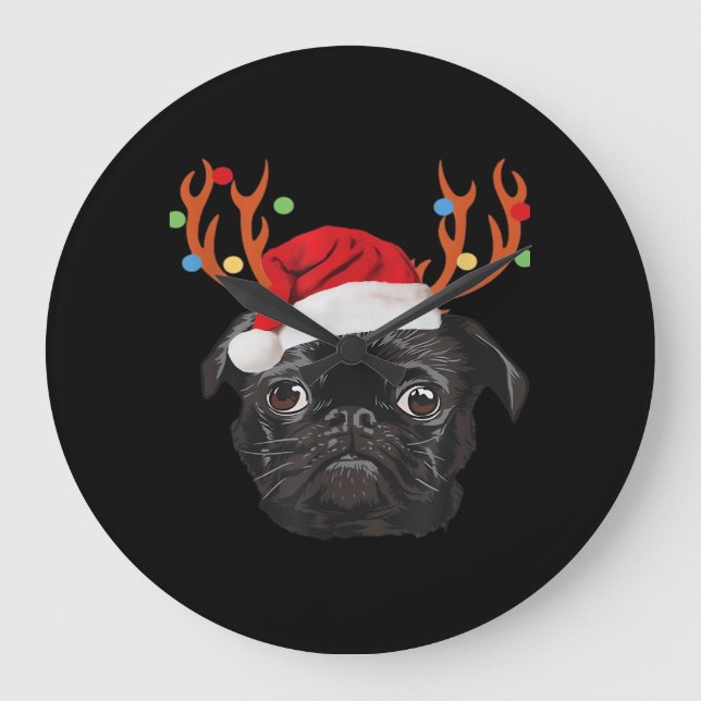 Black Pug Santa Christmas Reindeer Christmas Light Große Wanduhr (Vorderseite)