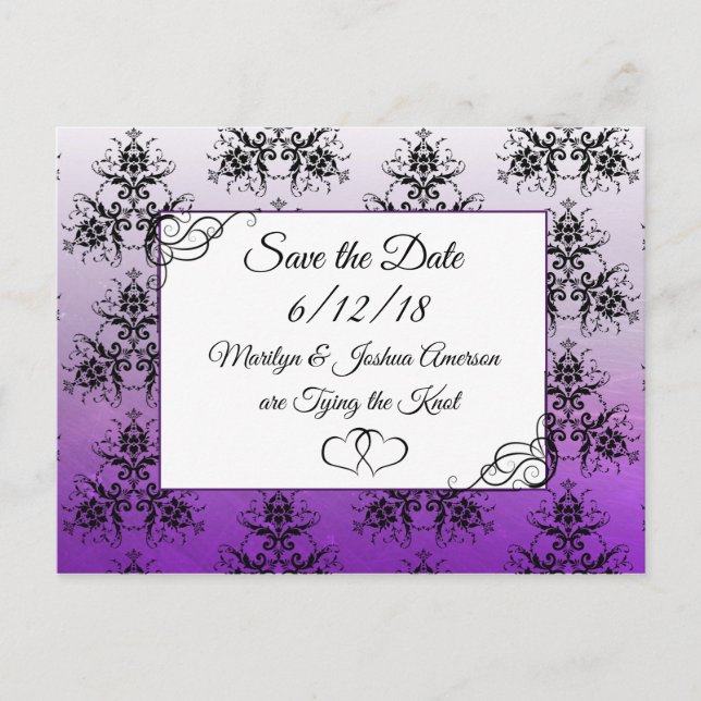 Black Purpl Damask Hochzeit Save the Date Postkart Postkarte (Vorderseite)