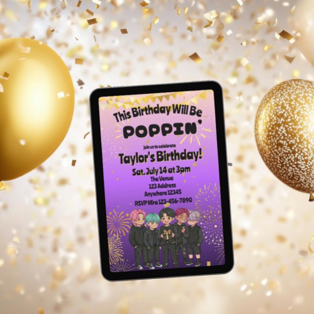 Black Purple Gold KPOP Boys Poppin' Birthday Einladung (Von Creator hochgeladen)