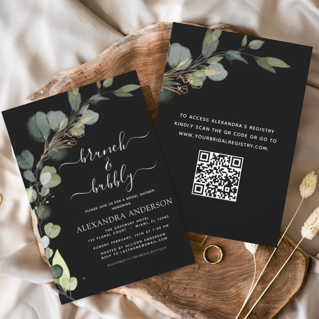 Black QR Code Brunch & Bubbly Eukalyptus Einladung (Von Creator hochgeladen)