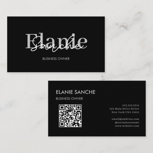Black QR Code Trendy Elegant Moderne Visitenkarte (Vorne/Hinten)