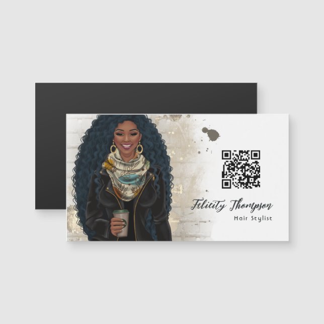Black Queen Beauty Fashion Haare QR Code Magnetkarte (Vorne/Hinten)