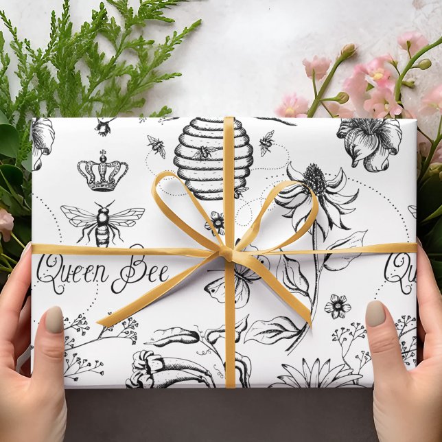 Black Queen Bee und Zeichnend Blume Geschenkpapier (Black & White Queen Bee, crown, typography, bee hive and flowers with whimsical bee flight swirls!)