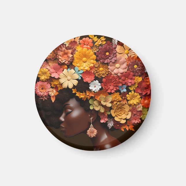 Black Queen Melanin Women 3D Blume Afro Magnet (Vorne)