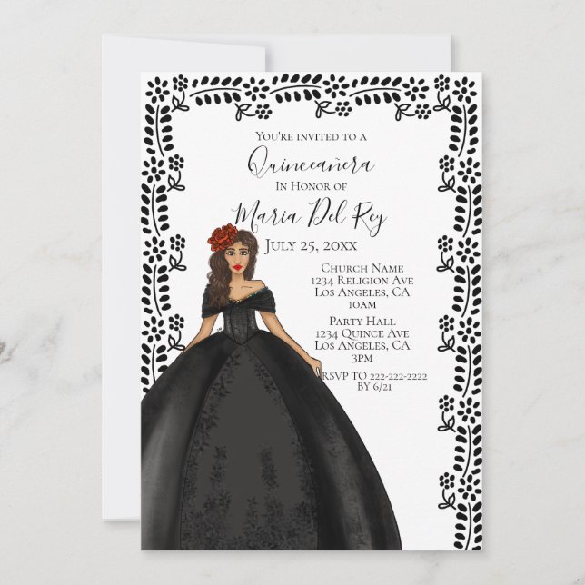 Black Quinceanera Dress Einladung (Vorderseite)