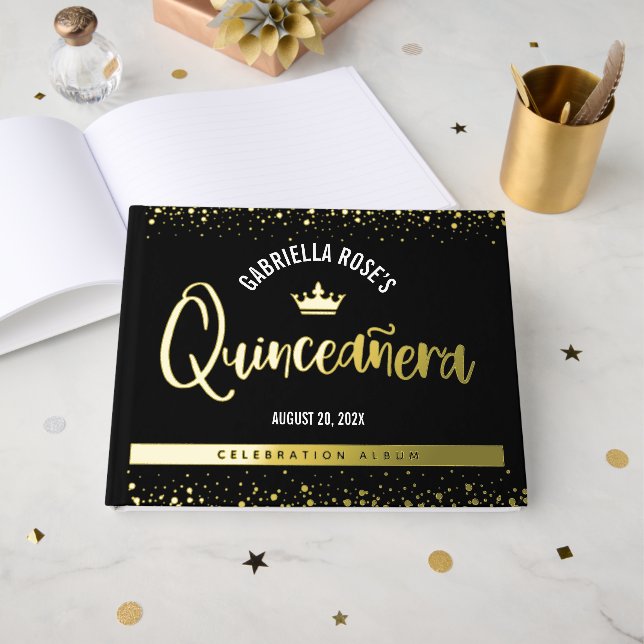 Black Quinceañera Kronskript Bold Real Gold Foil Gästebuch (Vorderseite offen)