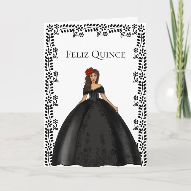 Black Quinceañera Mode Illustration Geburtstag Karte (Vorderseite)