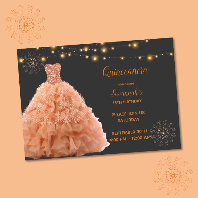 Black Quinceanera Peach Gown Lights Einladung (Von Creator hochgeladen)
