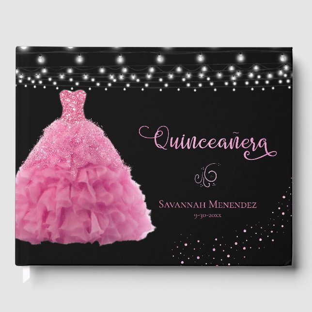 Black Quinceanera Pink Gown Lights Foto Gästebuch (Vorderseite)