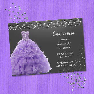 Black Quinceanera Princess Lavender Gown Lights Einladung