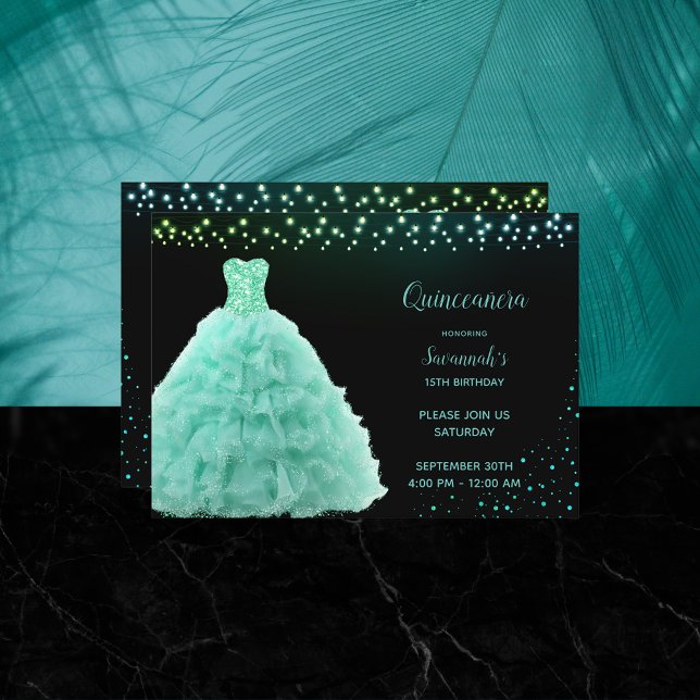 Black Quinceanera Princess Mint Green Gown Lights Einladung (Von Creator hochgeladen)