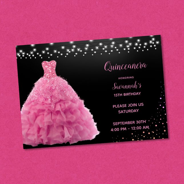 Black Quinceanera Princess Pink Gown Lights Einladung (Von Creator hochgeladen)