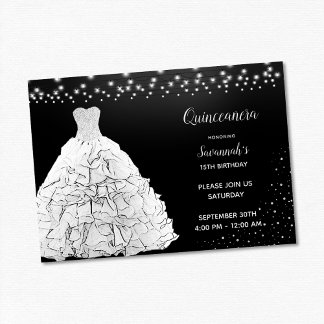 Black Quinceanera Princess White Gown Lights Einladung