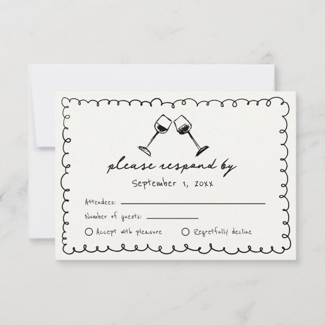 Black Quirky Hand Drawn Vineyard Wedding RSVP Karte (Vorderseite)