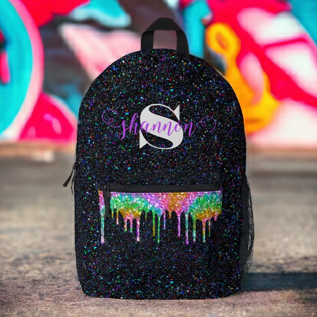 Black Rainbow Glitzer Tropfen Individuelle Name Ba Bedruckter Rucksack (Von Creator hochgeladen)