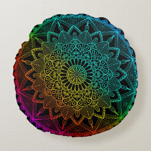 Black Rainbow Mandala Rundes Kissen