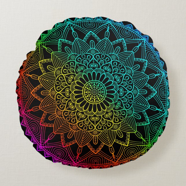 Black Rainbow Mandala Rundes Kissen (Vorderseite)