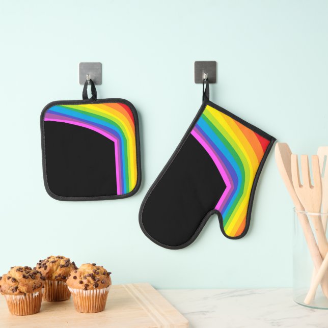 Black Rainbow Print Oven Mitt und Potholder Ofenhandschuh & Topflappen-Set (Insitu (Hängend))
