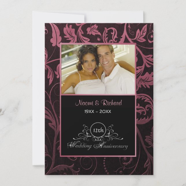 Black & Raspberry Damask 12. Hochzeitstag Einladung (Vorderseite)