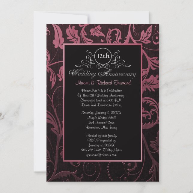 Black & Raspberry Damask 12. Hochzeitstag Einladung (Vorderseite)