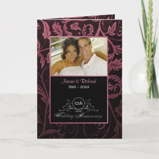 Black & Raspberry Damask 12. Hochzeitstag Einladung