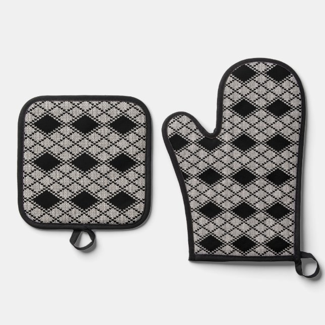 BLACK RAUTE STRICK Oven Mitt & Pot Holder Set (Vorderseite)