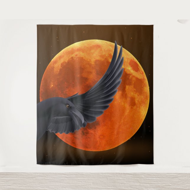 Black Raven and Blood Red Moon Tapestry Wandteppich (Vorderseite)