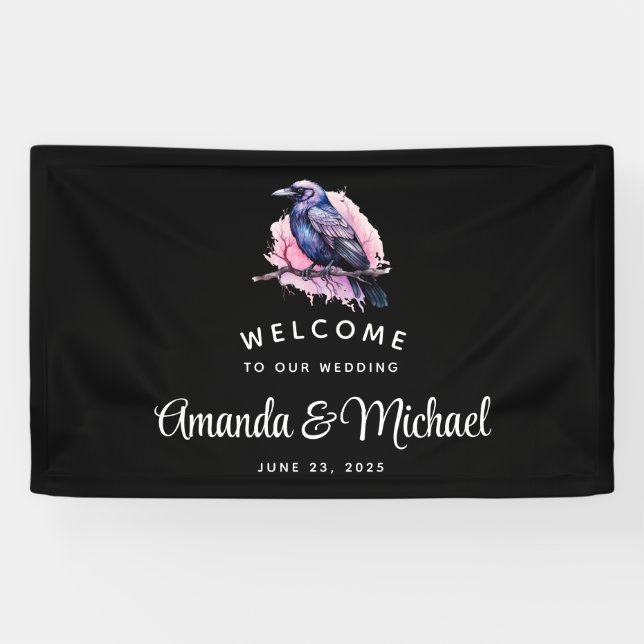 Black Raven auf einem Zweig Hochzeitsempfang Banner (Horizontal)