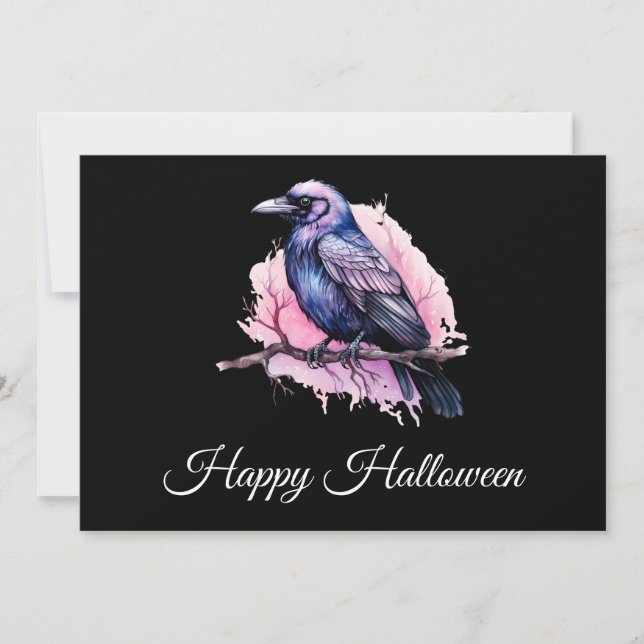 Black Raven auf einem Zweigbild Halloween Dankeskarte (Vorderseite)
