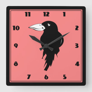 Black Raven Bird Illustration Quadratische Wanduhr