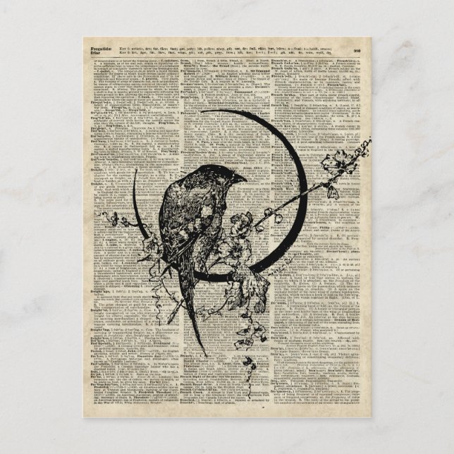 Black Raven Bird-Schablone über alte Wörterbuchsei Postkarte (Vorderseite)