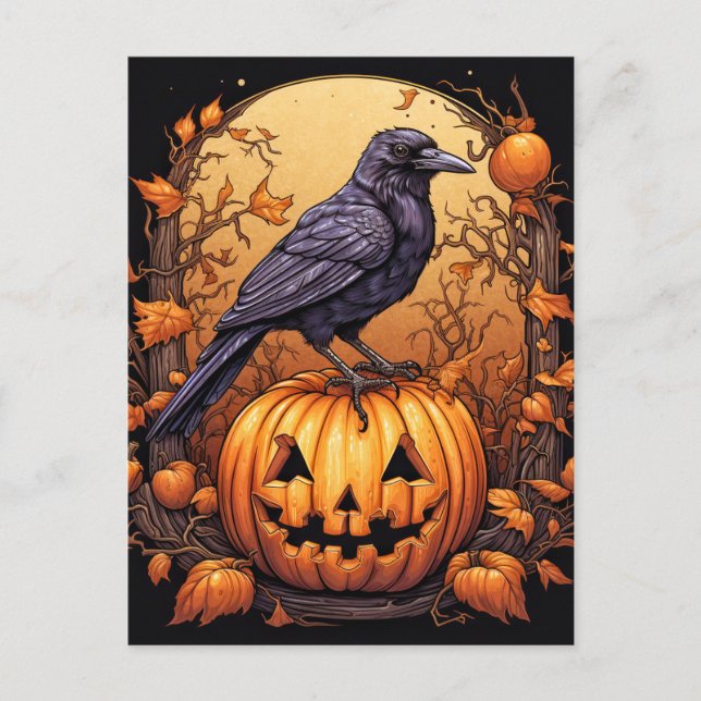 Black Raven Happy Halloween Postkarte (Vorderseite)