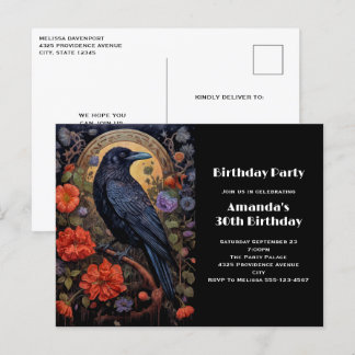 Black Raven mit Blume Gothday Einladung Postkarte