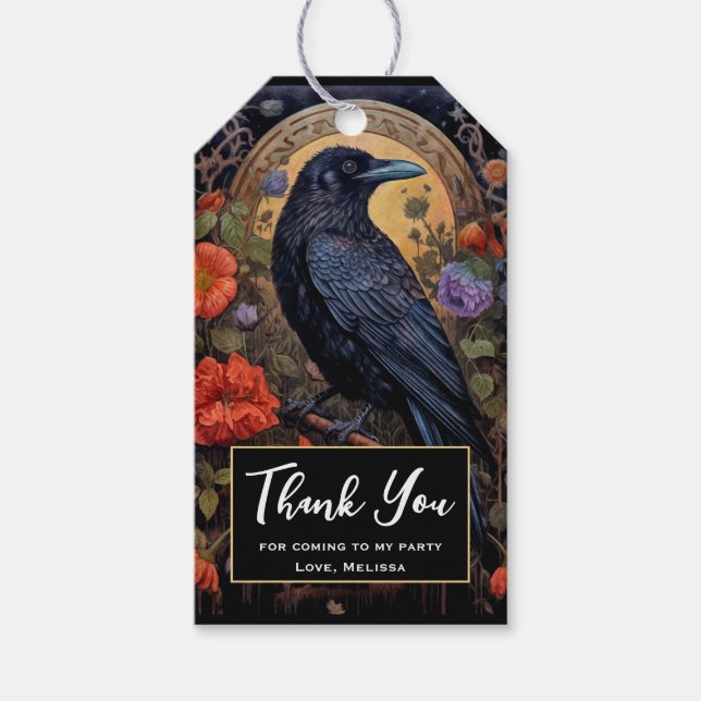 Black Raven mit Blume Gothic Danke Geschenkanhänger (Vorderseite)