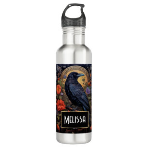 Black Raven mit Blume Gothic Design Edelstahlflasche
