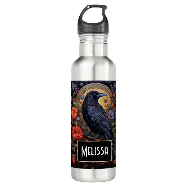 Black Raven mit Blume Gothic Design Edelstahlflasche (Vorderseite)