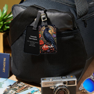 Black Raven mit Blume Gothic Design Gepäckanhänger