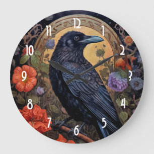 Black Raven mit Blume Gothic Design Große Wanduhr