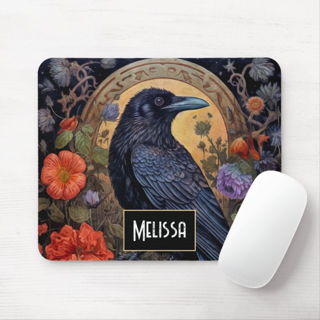 Black Raven mit Blume Gothic Design Mousepad (Mit Mouse)