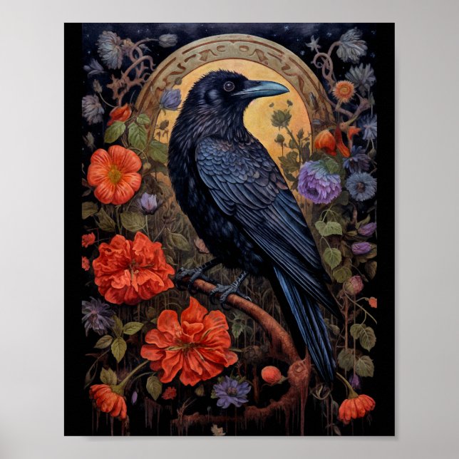 Black Raven mit Blume Gothic Design Poster (Vorne)