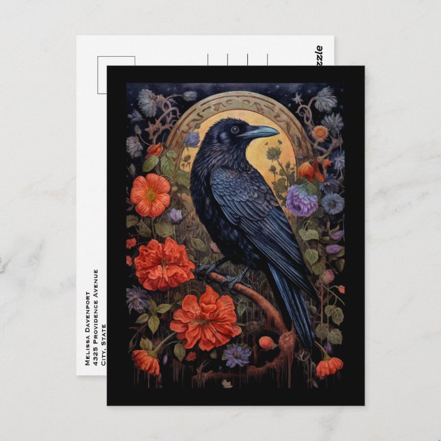 Black Raven mit Blume Gothic Design Postkarte (Vorne/Hinten)