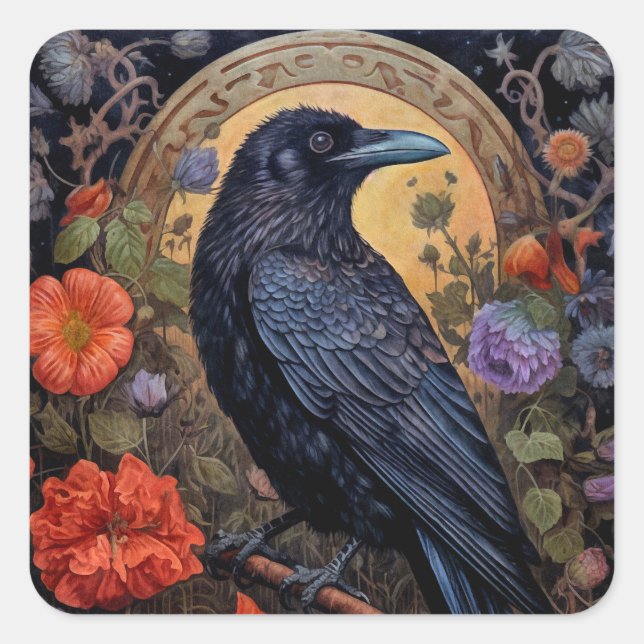 Black Raven mit Blume Gothic Design Quadratischer Aufkleber (Vorderseite)