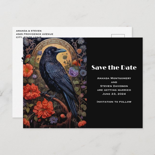 Black Raven mit Blume Gothic Save the Date Einladungspostkarte (Vorne/Hinten)
