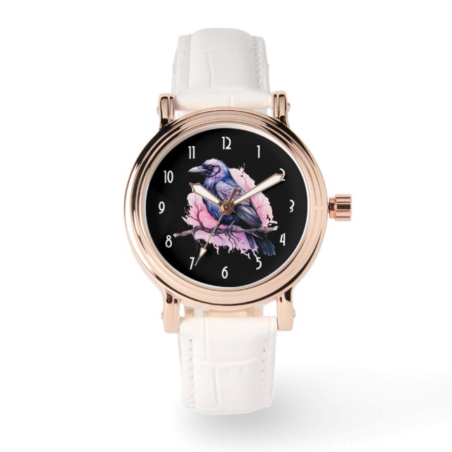 Black Raven on a Branch Illustration Armbanduhr (Vorderseite)