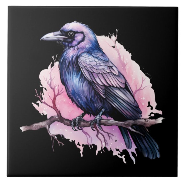 Black Raven on a Branch Illustration Fliese (Vorderseite)