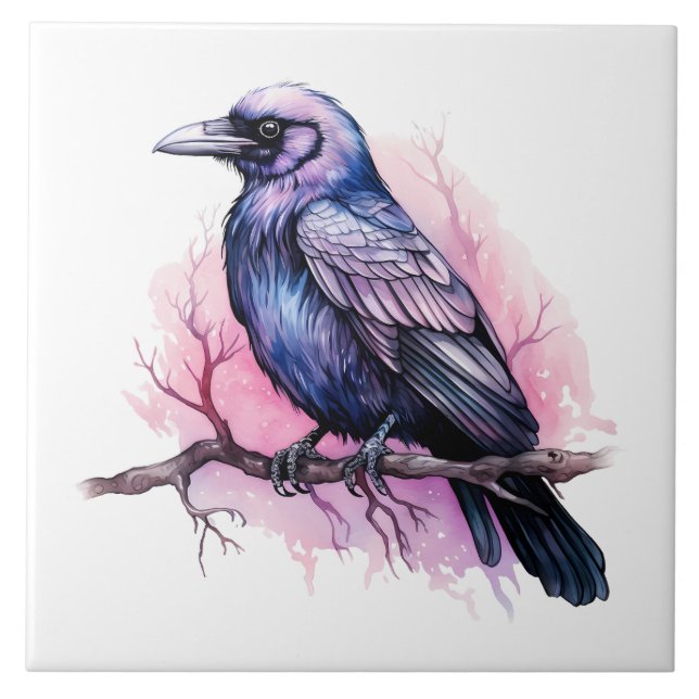Black Raven on a Branch Illustration Fliese (Vorderseite)